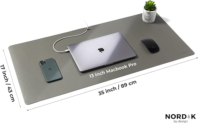 Nordik Leather Desk Mat Cable Organizer - Alaskan Gray 35 X 17 inch - Premium Extended Mouse Mat for Home Office Accessories - Non-Slip Vegan Leather Desk Pad Protector & Desk Blotter Pad