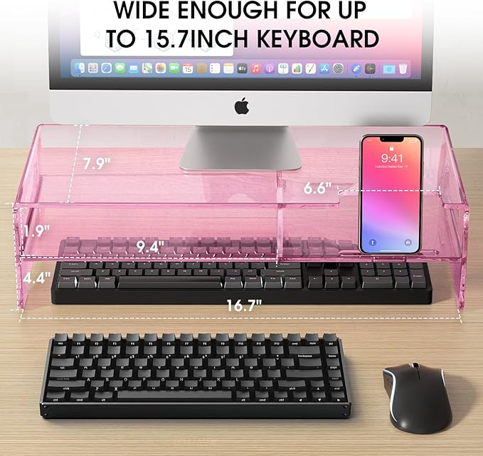 Pink Acrylic Monitor Stand Riser, 2-Tier computer stand with Storage, clear monitor stand for desk Suitable for laptops, printers, TV,desk organization With phone holder