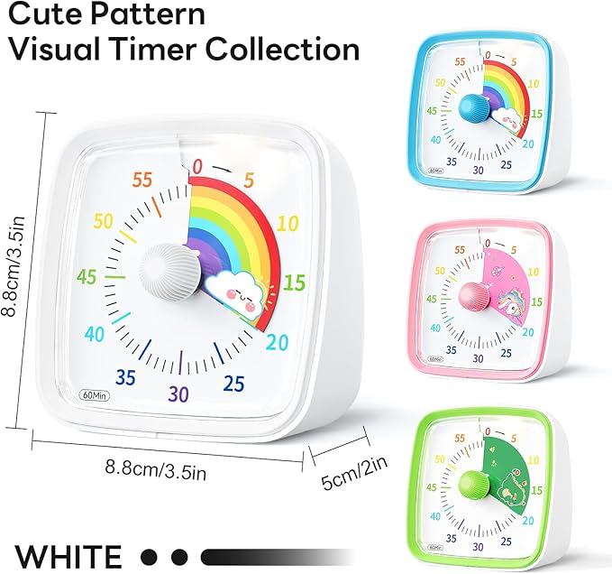 Yunbaoit Visual Timer with Night Light, 60-Minute Rainbow Countdown Timer for Kids and Adults, Time Management Tool for Home, School, Kitchen, or Office (White)
