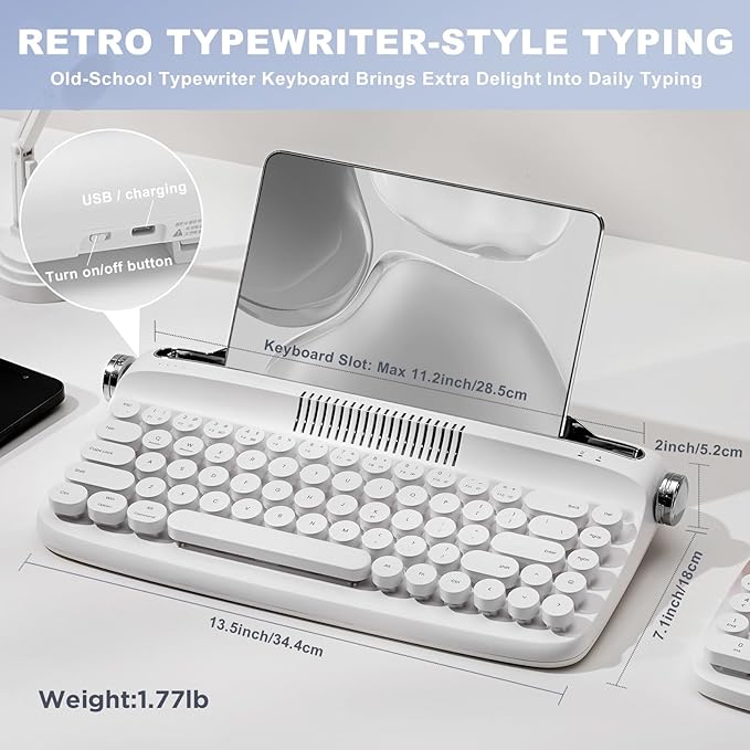YUNZII Upgraded Wireless Typewriter Keyboard, Retro Aesthetic with Integrated Stand,Cute Round Keycaps, USB-C/Bluetooth Connection for Table, Phone, PC and Win/Mac/Android (B307, Snow White)