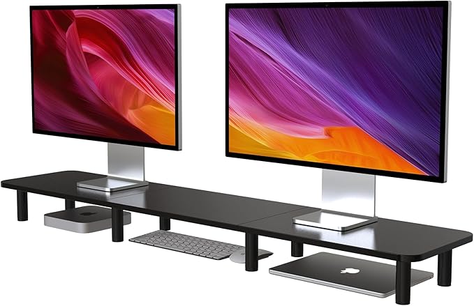 43.7" Extra Long Dual Monitor Stand Riser, Wood & Steel Monitor Stand for 2 Monitors, Wide TV Stand, Desktop Riser for Desk Organization, Home Office,Laptop,Printer,TV (Black)