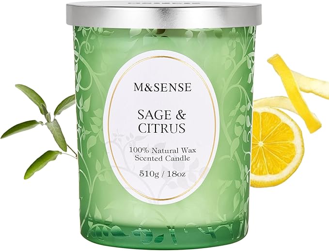 M&SENSE Sage Citrus Scented Candle, Wooden Wick Candle, 100 Hours Slow Burning Natural No Toxin Soy Wax 18oz, Stress Relief Relaxing Meditation Home Fragrance,Housewarming Gifts for Men Women