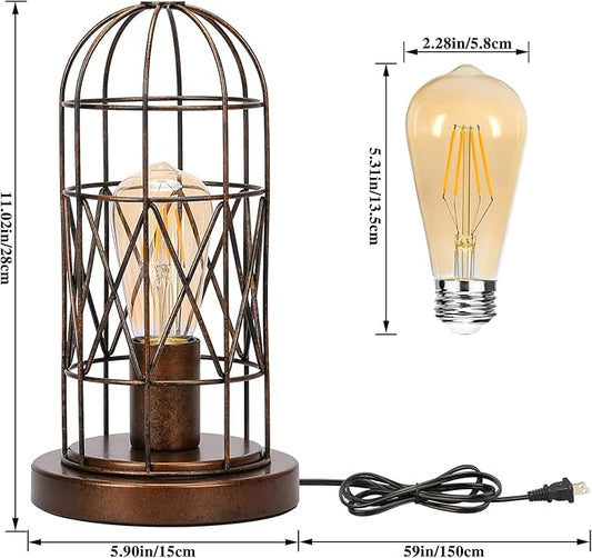 Small Touch Lamp, Industiral Bedside Table Lamps with Antique Bronze Cage, 3 Way Dimmable Nightstand Steampunk Edison Lamp for Bedroom Living Room Kitchen, LED Bulb Included