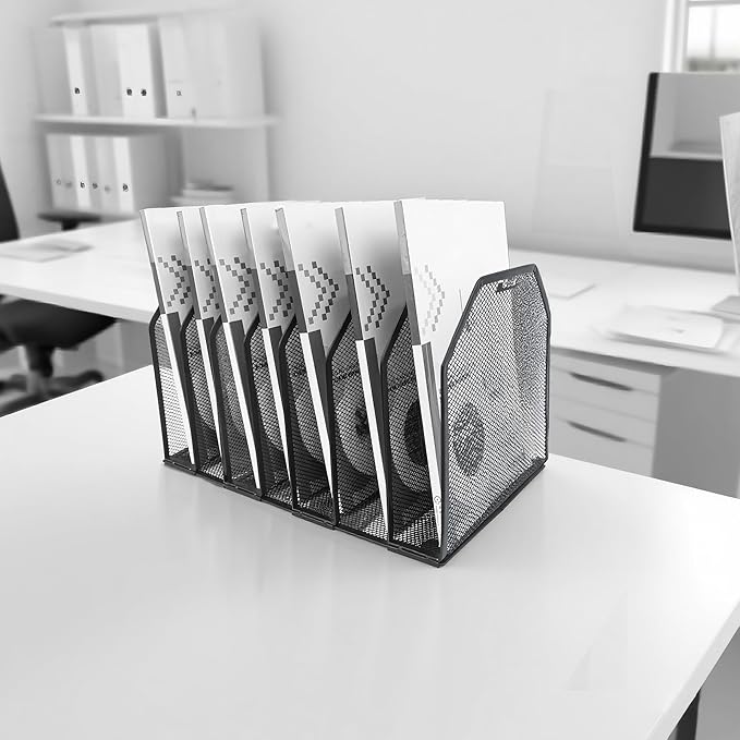 Adjustable Desk File Organizer,Detachable Office Folder Organizer,Compact Vertical Desk File Holder,Wrought Iron Paint,Suitable for Home, School, Office Classrooms (Black - 7 grids)