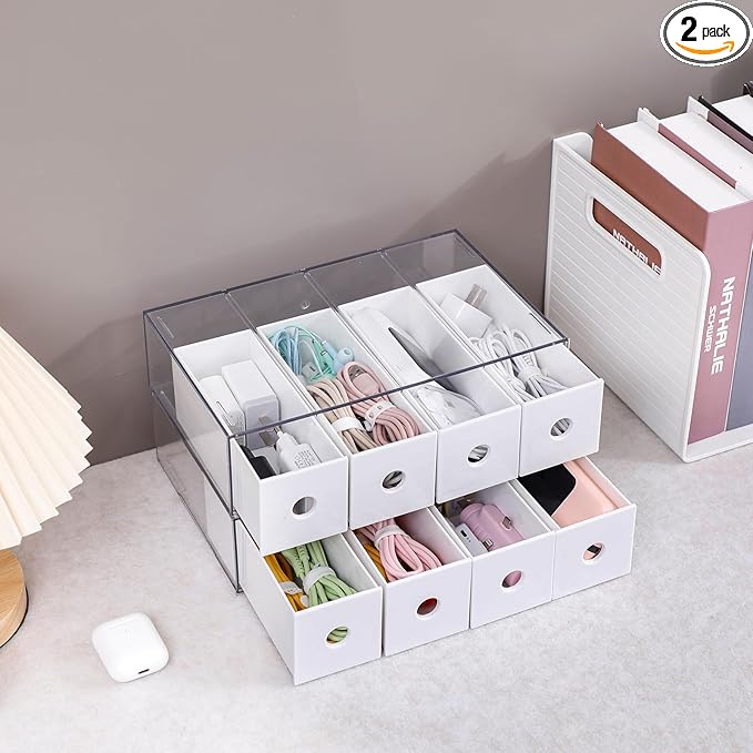 Yesesion 2 Pack Plastic Cord Organizer Drawers, Cable Storage Box with 40pcs of Wire Ties, Large Electronics Management Display Case for Desk Accessories, Office Supplies, USB, data Cable (White)
