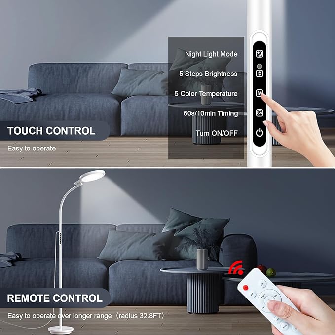 Light Therapy Lamp 10000 Lux, LED UV-Free Sunlight Lamp, Full Spectrum Floor Happy Therapy Lamp with Remote for Home/Office/Reading/Relaxation