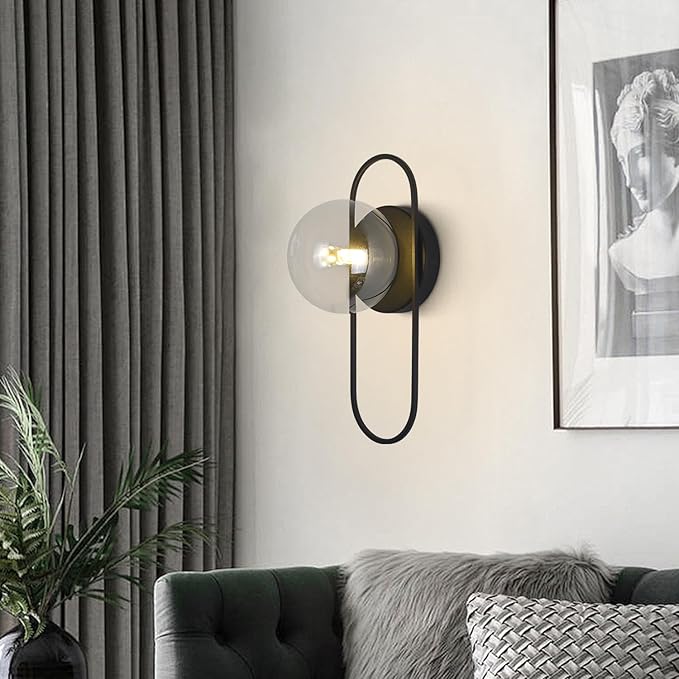 Mid Century Modern Black Wall Sconce Bubble Glass Globe Wall Sconces Lighting Small Vintage Bathroom Vanity Light Fixtures for Bedroom Hallway
