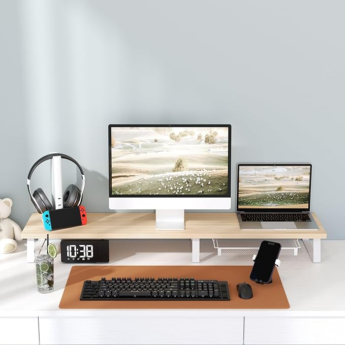 Large Dual Monitor Stand Riser - Monitor Stand for 2 Monitors, Wooden Computer Stand For Desk with Metal Legs, Desk Organizers and Storage With Drawer, Desk Shelf for Computer/Laptop/Printer/TV, Oak