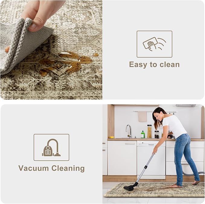 KIMODE Anti Fatigue Kitchen Mat, Boho Distressed Kitchen Rugs Sets of 2, Kitchen Floor Mats Non Slip Cushioned, Waterproof Standing Mat for Laundry, Office, Sink, Desk, Brown 17"x47"+17"x29"