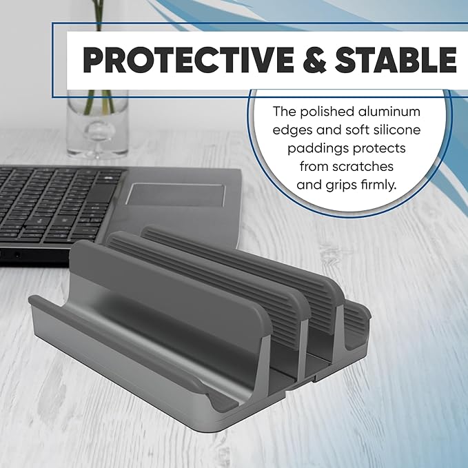 Elestoria 4 Device Vertical Laptop Stand – Adjustable Desktop Dock for MacBook, Dell, HP, Lenovo, iPad, Tablets & Phones – Multiple Slot Holder (Fits Up to 17.3") – Gray
