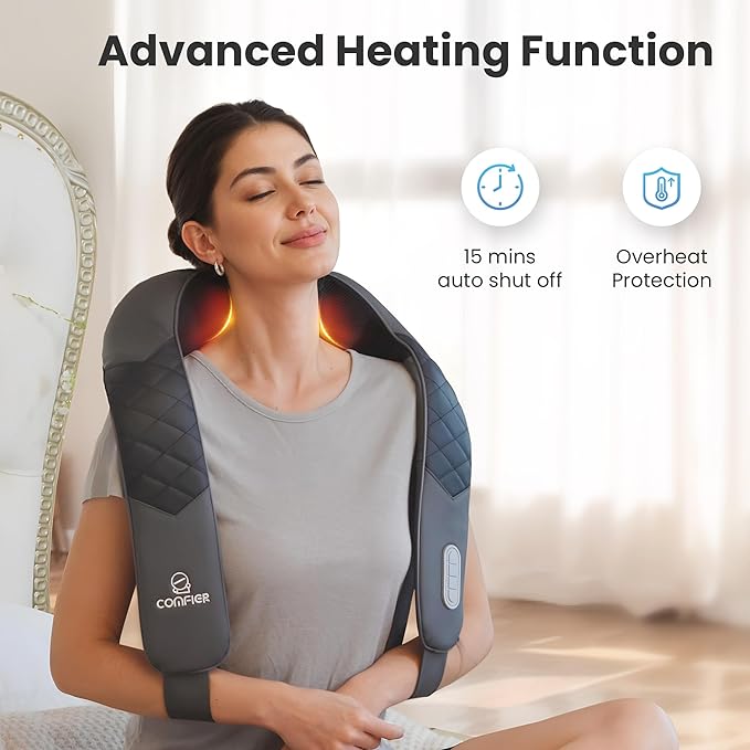 COMFIER Neck Massager with Heat, Shiatsu Back Massager for Pain Relief deep Tissue, 3D Kneading Massage Pillow for Shoulder, Portable & Cordless Design, Birthday Gift for Women, Gift for Mom, Dad