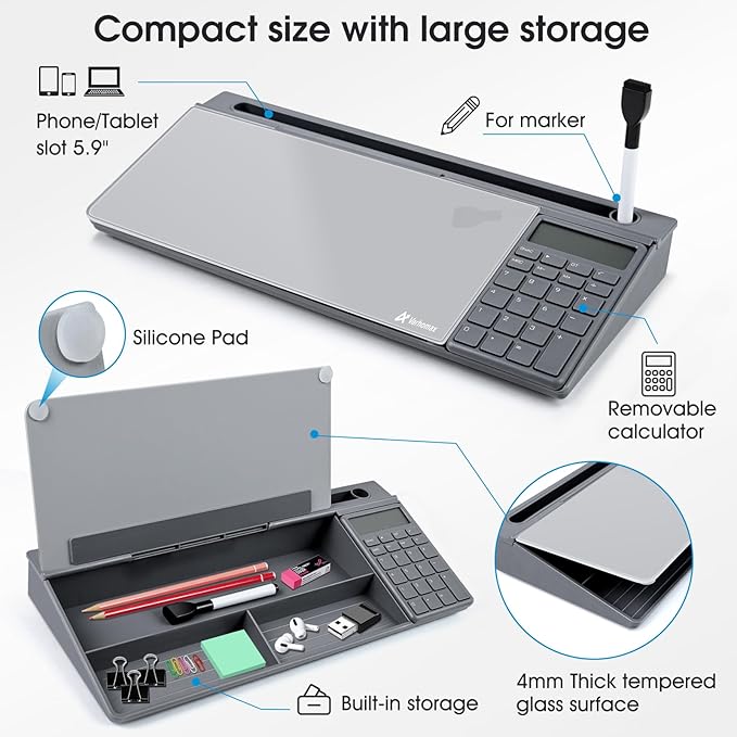 Varhomax Glass Desk Whiteboard Gray with Calculator, Desktop Organizer Dry Erase White Board with Storage, to Do List Memo Notepad for Home Office and School Supplies