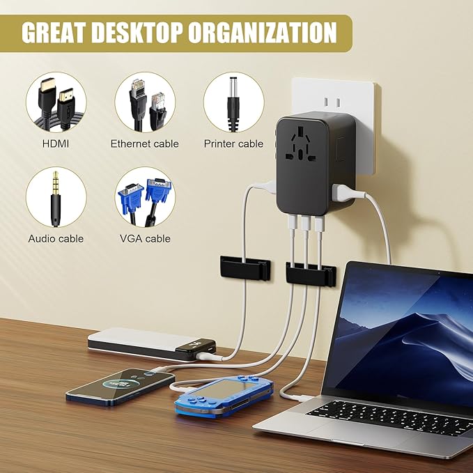 Self Adhesive Cable Management Clips, Line Clips, Cable Organizers, TV PC Line Clips, Ethernet Cable Clips Under Desks - Durable PA66 Material, Easy to Install (Black 20Pcs)