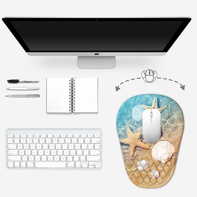 Ergonomic Mouse Pad Wrist Support, with Memory Foam & Non-Slip PU Base, Comfortable Massage Design Mouse Pad Relieve Wrist Fatigue&Pain, Suitable for Computer, Office and Home(05Starfish&Seashell)