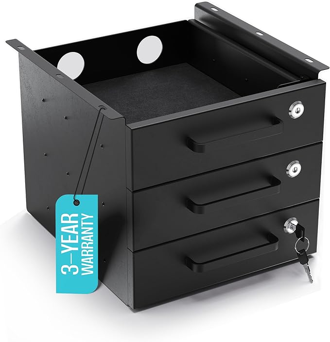 Under Desk Drawer Slide-Out - Lockable Metal Storage Drawers with Cable Management for Office & Home (Triple, Non-Bracketed)