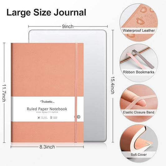 HIUKOOKA College Ruled/Lined Notebook- 320 Pages A4 Softcover Large Journal, 8.5''×11'', 100GSM Thick Paper, Faux Leather, Inner Pocket - Pink