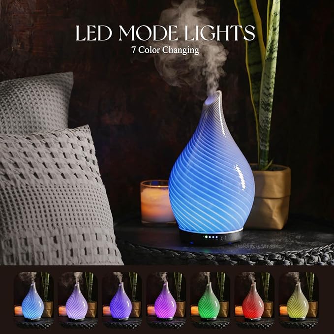 Porseme 280ml Essential Oil Diffuser Glass Color Changing Aroma Air Diffusers Aromatherapy Ultrasonic Cool Mist Humidifier 7 Running Hours Waterless Auto-Off for Sleeping, Yoga, Office (Pure Grey)