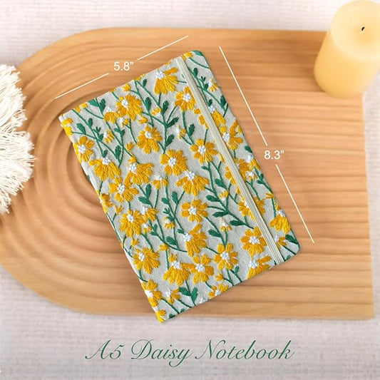 Daisy Gift, Flower Journal, Embroidered Notebook, Beautiful Journals for Women, 8"x6", Hardcover, Lay Flat, A5, Lined Paper, Wide Ruled Page, Writing Journal, Yellow Daisy, with Elastic Band