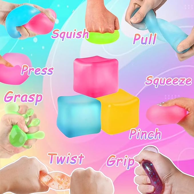 3Pcs Stress Cube Squishy Toys, Slow Rising Ice Cube Stress Balls, Sensory Fidget Toys for Anxiety Relief, Sensory Ice Nee Cube Gel Filled Squishy Ball Toys for ADD/ADHD Kids Adults(Blue, Pink, Orange)