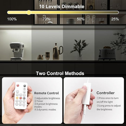 WOBANE Dimmable COB LED Strip Light, 9.8ft Under Cabinet Lighting with Remote Control, 6000K White, Kitchen, Ceiling, Room, Closet, Counter, CRI90+, 1500lm, Timing, ETL Adapter