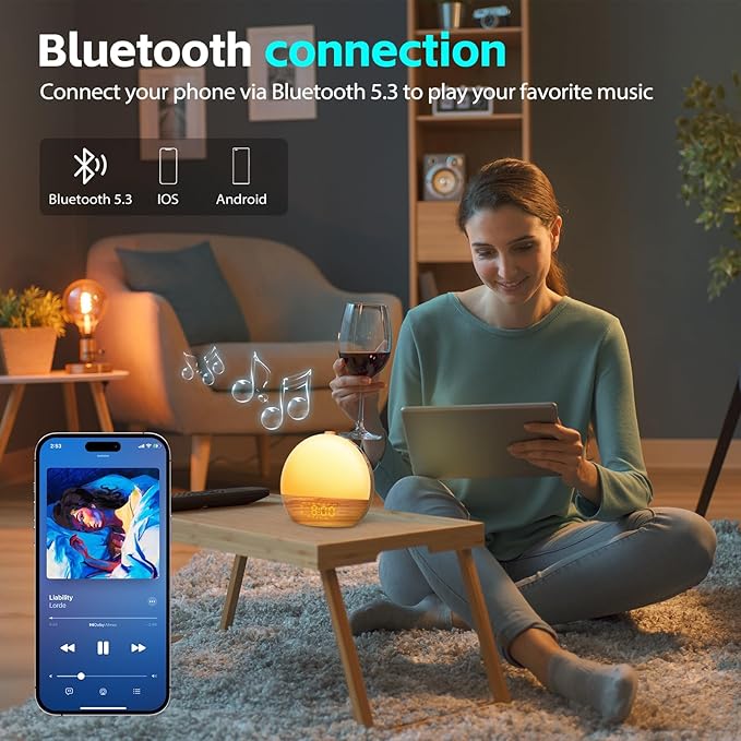 Wood Grain White Noise Sound Machine Sunrise Alarm Clock with 25 Soothing Sounds, 17 Dimmable Night Lights, Bluetooth Speaker Wake Up Light alarm clocks for bedrooms, Heavy Sleepers, Baby, Kids