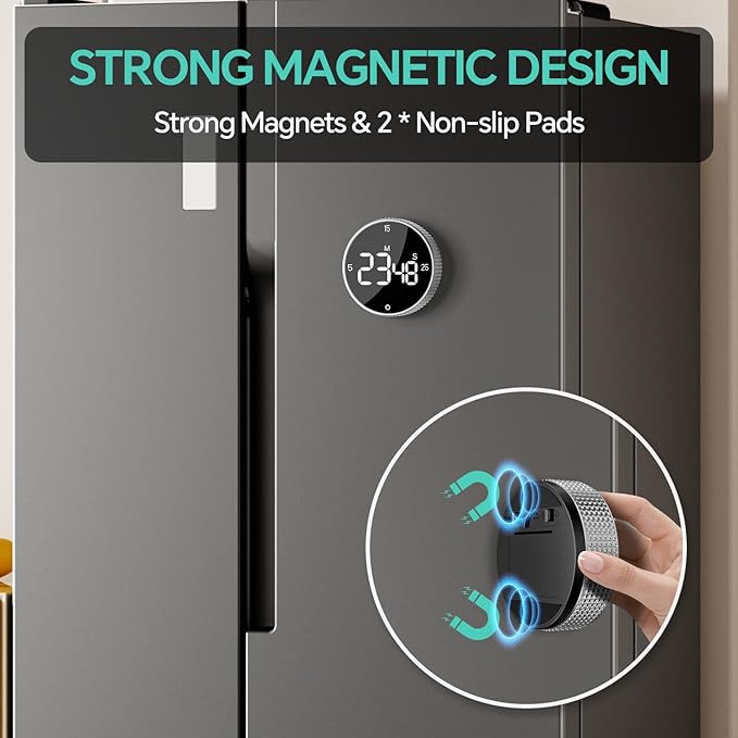 Digital Kitchen Timer with Magnetic, Large LED Display Countdown/Countup Timer, Pomodoro Preset 5/15/25 Mins, Volume & Brightness Adjustable for Cooking Baking Working Studying Silver