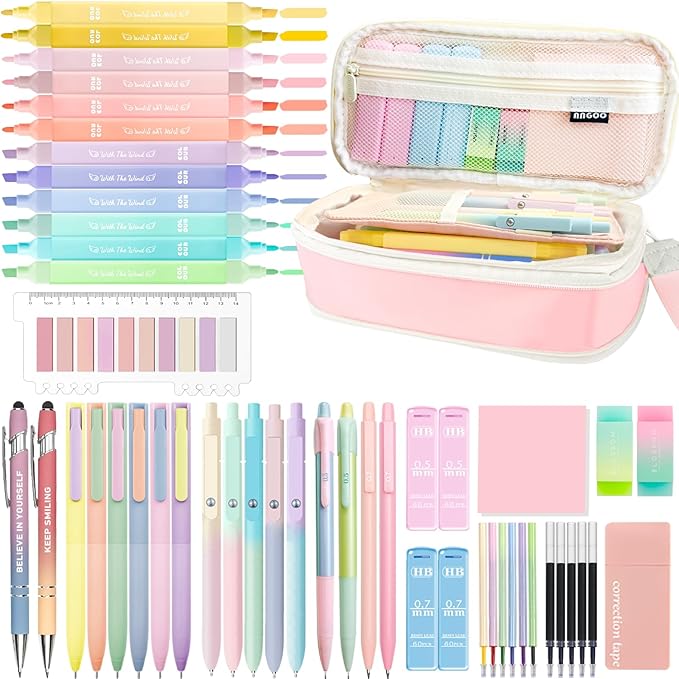 53PCS Aesthetic School Supplies with Large Pencil Case,12 Pastel Highlighters,5 Black & 6 Color Ink Gel Pens,2 Inspirational Stylus Ballpoint Pens,4 Mechanical Pencils 0.5-0.7mm Student Essentials