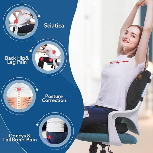 QUTOOL Orthopedic Seat Cushion and Lumbar Support Pillow for Office Chair & Car, Memory Foam with Washable Cover Ergonomic Desk Chair Cushion for Tailbone, Lower Back Pain, Sciatica Relief