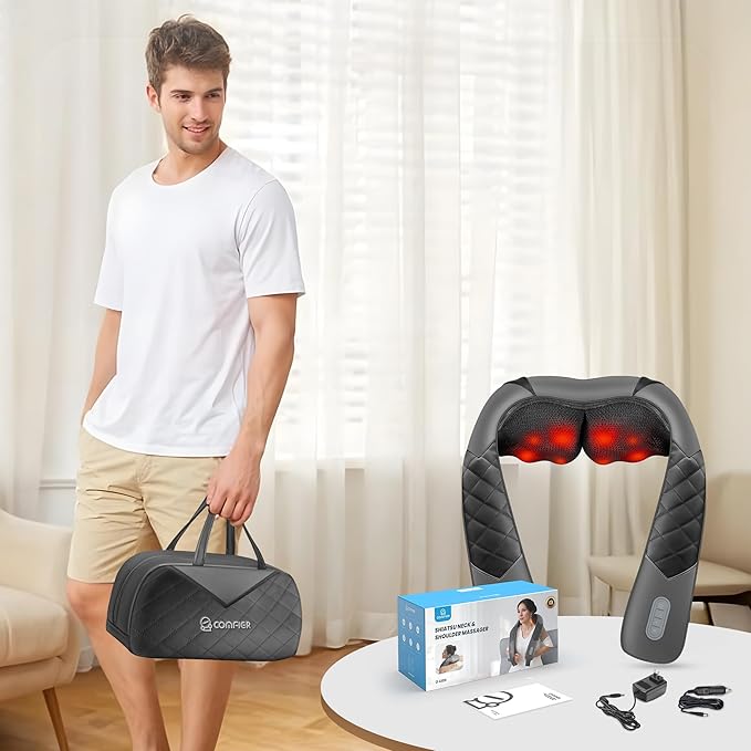 COMFIER Shiatsu Neck Shoulder Massager, Back Massager with Heat,Gifts for Mom Dad Deep Tissue 4D Kneading Massage Pillow with Portable Storage Bag, Home, Office and Car Use
