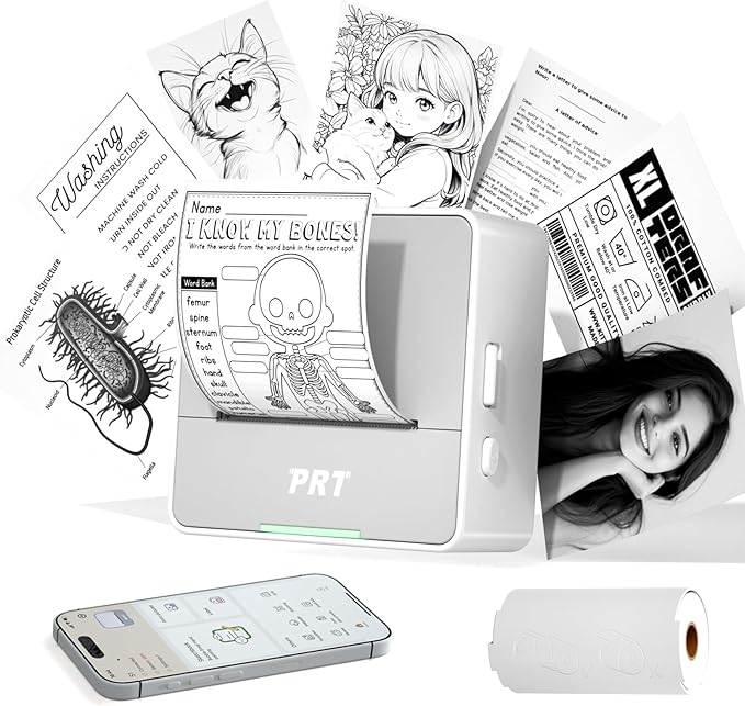PRT Mini Sticker Printer with 1 Roll Paper, Portable Thermal Sticker Maker Machine for Notes, School Supplies & DIY Labels, Wireless Bluetooth with Free App, Compact for Students, Office & Home Use