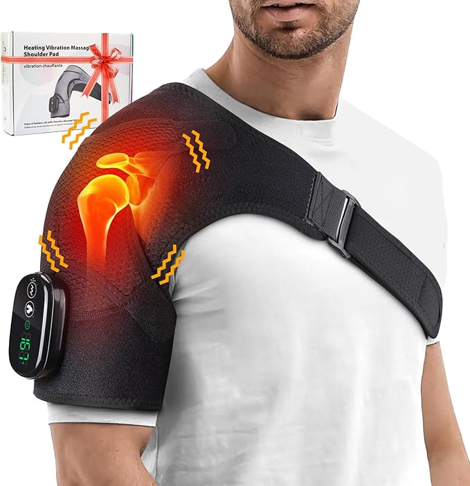 Cordless Portable Shoulder Heating Pad & Massager, Heating Vibration Shoulder Wrap, Shoulder Brace for Pain Relief, Rotator Cuff Support for Men & Women, Black