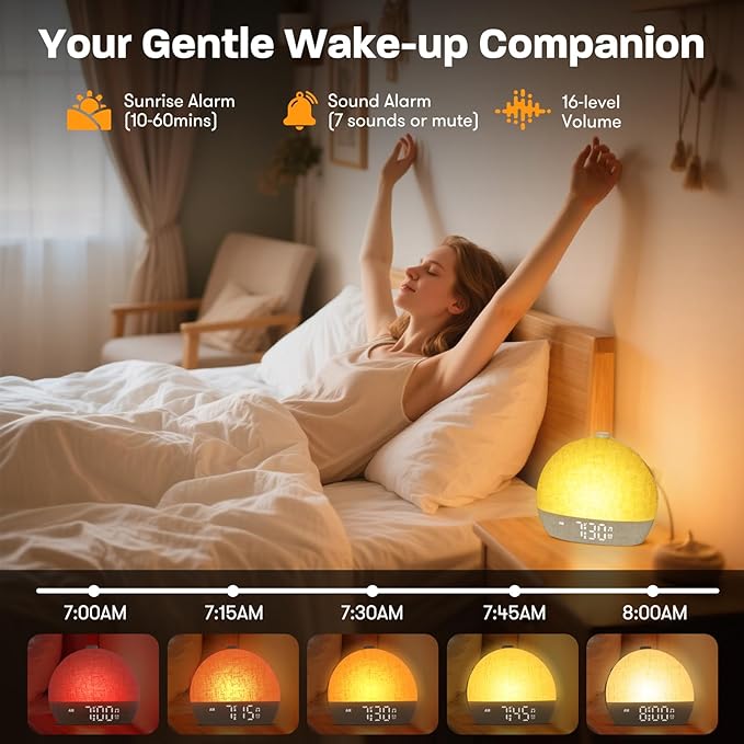 Wake Up Light Sunrise Alarm Clock, White Noise Sound Machine with 30 Soothing Sounds, Dimmable Night Lights, Sleep Aid, Snooze, Timer, Loud Alarm Clock for Heavy Sleepers Adults Kids, Ideal for Gift