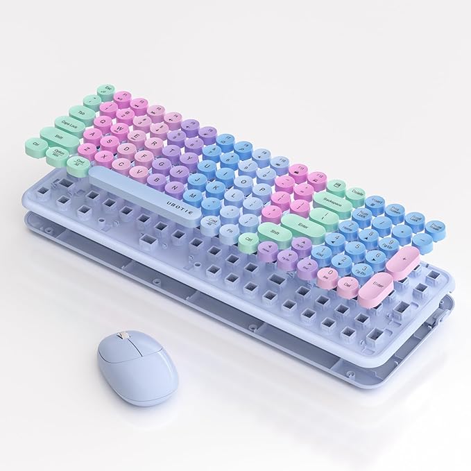 Wireless Keyboards and Mouse Combos, UBOTIE Colorful Gradient Rainbow Colored Retro Typewriter Flexible Keyboard, 2.4GHz Connection and Optical Mouse