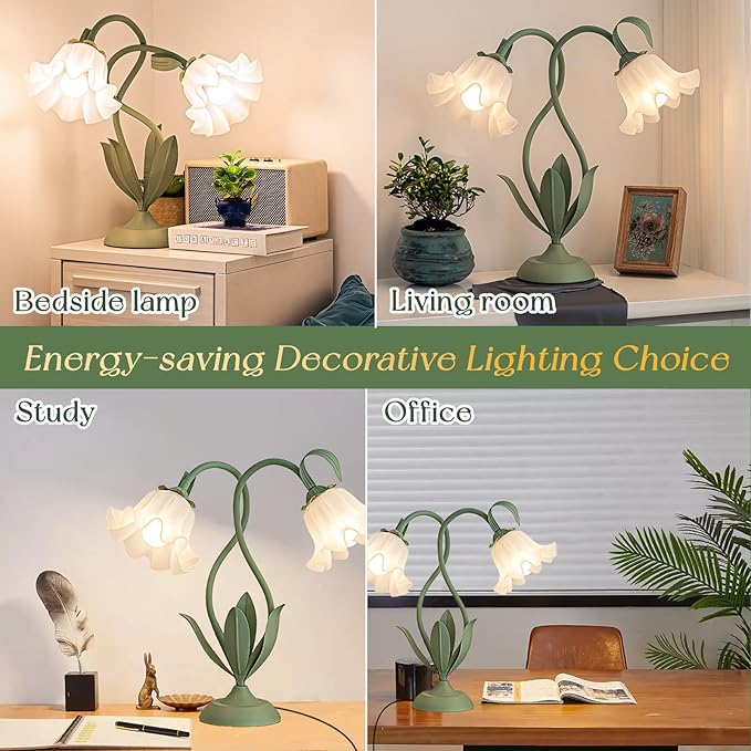 Cute Flower Table Lamp, Large Vintage Bedside Flower Lamp, 3 Colors Temperature Flower Lamp for Bedroom Living Room Bedside Reading Lighting Table Desk Lamps Home Decoration (Green)