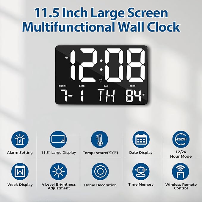 SZELAM Digital Clock Large Display,11.5"Digital Wall Alarm Clock with Remote Control,LED Oversized Electric Clock with Calendar,12/24H,Adjustable Brightness Large Clock for Home Office Kitchen Bedroom