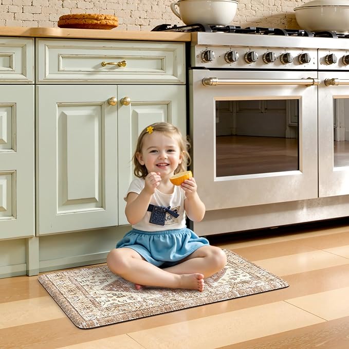 KIMODE Anti Fatigue Kitchen Mats for Floor,17.3" x 29" Cushioned Boho Vintage Kitchen Rugs,Non-Slip Waterproof Kitchen Sink Standing Mat Wipe Clean for Kitchen,Laundry Floor,Mutil-Khaki