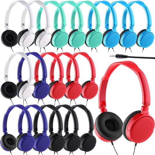 Yunsailing 18 Pack Classroom Headphones Bulk Student Wired Class Headphones Set for Kids School with Individually Wrapped Adjustable Over Ear Head Earbuds(Multicolor)