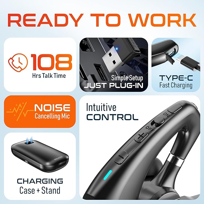 Delton Wireless Headset for Computer with Charging Case, Bluetooth Headset with Noise-Cancelling Mic, Specially Designed for MS Team, Zoom, Google Meet, Driving, and Office - Black