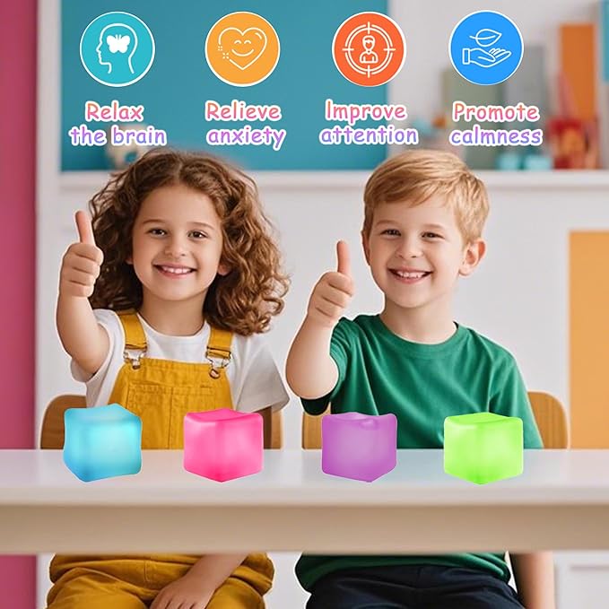 4Pcs Stress Cube Squishy Toys, Slow Rising Ice Cube Stress Balls, Sensory Fidget Toys for Anxiety Relief, Sensory Ice Nee Cube Gel Filled Squishy Ball Toys for Kids Adults(Green, Blue, Purple, Pink)