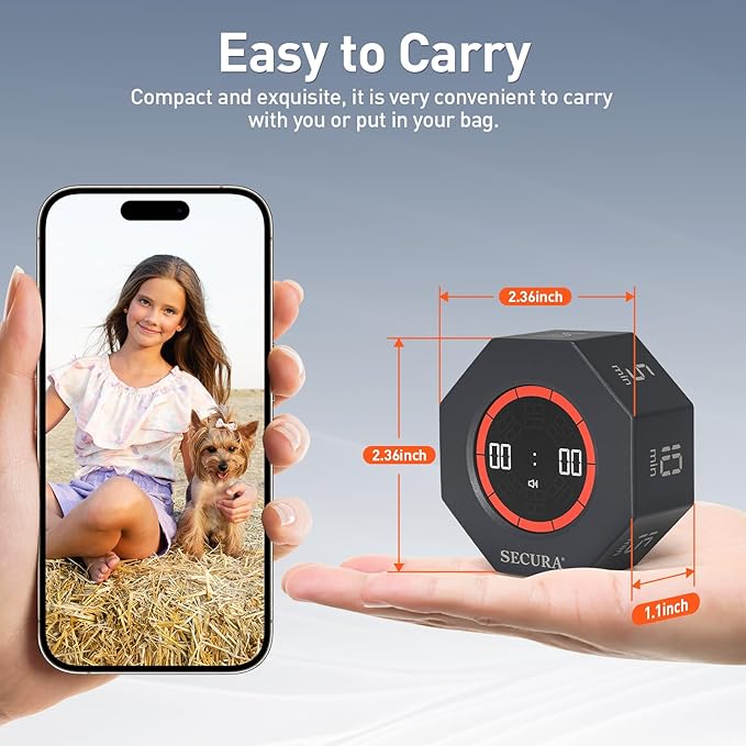 Secura Pomodoro Timer, Rotating Cube Time Tracker, Flip Gravity Sensor with 7 Presets, Visual Progress Bar for ADHD, Kids, Tasks, Work, Study (Dark Gray)