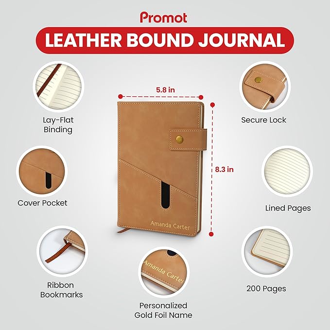 Promot Personalized Notebook - A5 Lined Leather Bound Journal for Writing Women Men - Hardcover Executive Notebook, Daily Journal, Travel Diary, Gift Idea, Custom Embossed Text with Gold Metallic Foil
