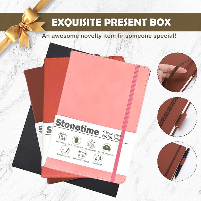 Stone Paper Notebook for Women Men, Waterproof Notebook Hardcover Executive Journal, Ruled Notebooks for Writing, Business, Work & School, 160 Pages Notebook with Gift Box (B5 Pink)