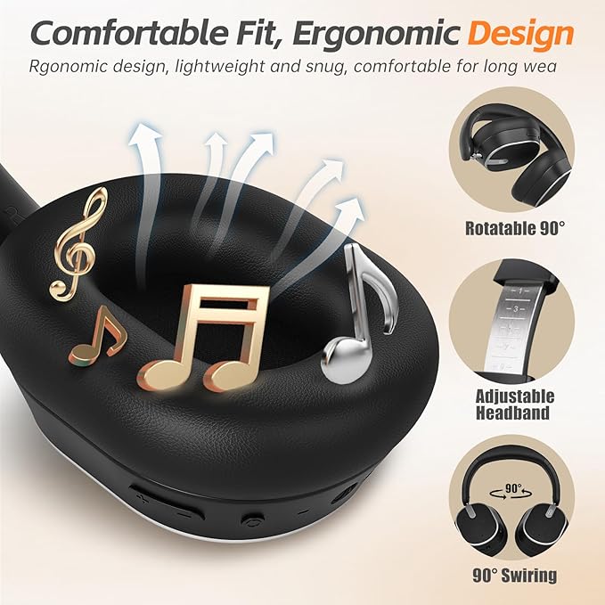 Hybrid Active Noise Cancelling Bluetooth Headphones, Over Ear Wireless Headphones with 60H Playtime, Hi-Res Audio, Deep Bass, Memory Foam Ear Cups for Home Office Travel