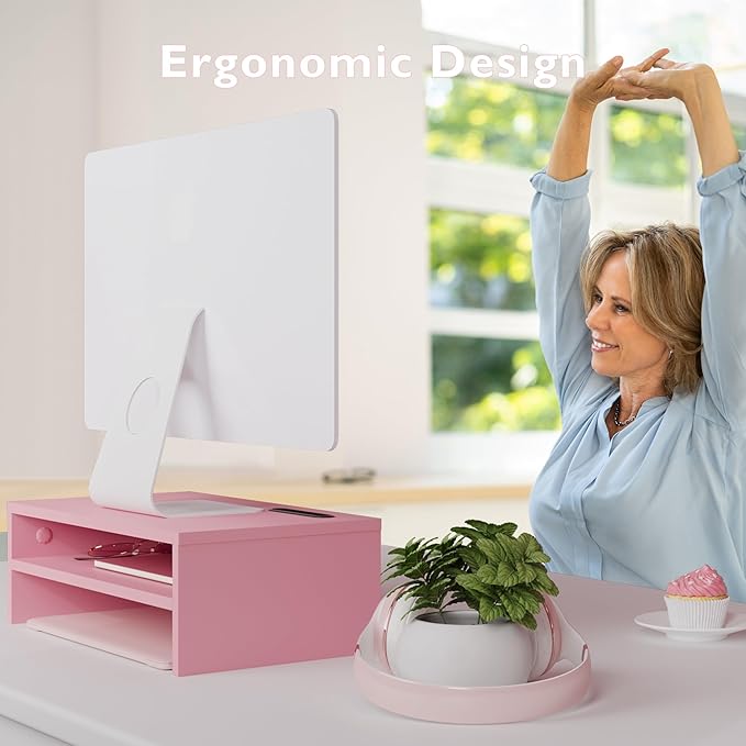 BONTEC Wooden Monitor Stand Riser, 2-Tier Desk Shelf with Storage Organizer, Ergonomic Computer Stand with Cable Management, Cellphone Holder, Pink, 16.5 Inch