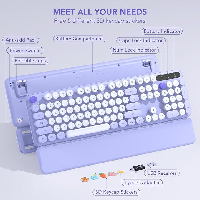 Wireless Keyboard, Round Keycaps, Retro Typewriter Keyboard with Detachable Wrist Rest, Sleep Mode, Foldable Legs, 2.4GHz Full-size Cordless Computer Keyboard for Windows/PC/Laptop (Colorful-Purple)