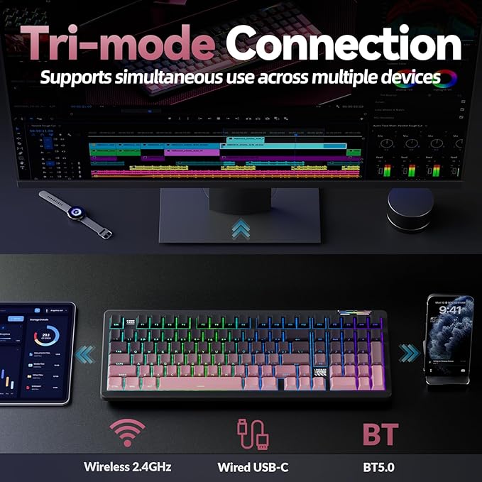 LINGBAO K98 Wireless Mechanical Gaming Keyboard, Tri-Mode BT5.0/2.4GHz/USB-C, Creamy Keyboard with Number Pad, Gasket Hot Swappable Linear Switches RGB Backlit Keyboards for Win/Mac/PC, (Black Pink)