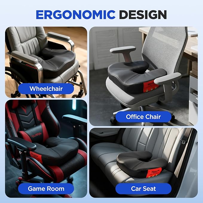 Seat Cushion for Office Chair – Memory Foam Car Seat Cushion for Sciatica, Tailbone, Back & Hemorrhoid Pain Relief U-Shaped Ergonomic High-Density Breathable Foam with Non-Slip Base (Black)