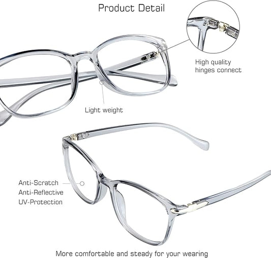 VisionGlobal Blue Light Blocking Glasses for Women/Men, Anti Eyestrain, Computer Reading, TV Glasses, Stylish Square Frame, Anti Glare(Clear Gray,+6.00 Magnification)