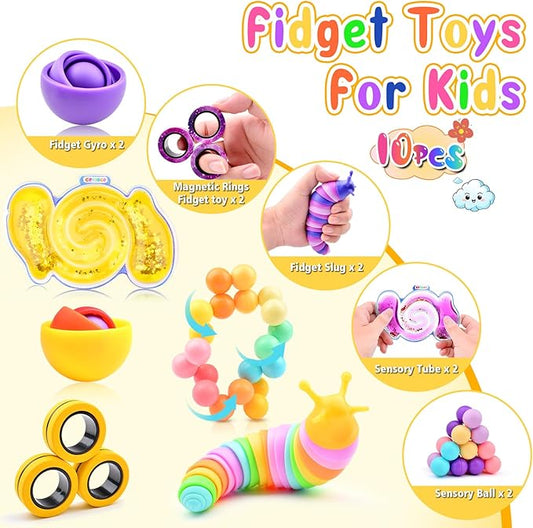Cevioce 10Pcs Fidget Toys Adults Pack,Stocking Stuffers for Teens Boys Girls,Autism Sensory Toys with Fidget Spinner Slug Magnetic Rings,Squishy Fidget Toys ADHD Stress Relief,Party Favor for Kid-PY