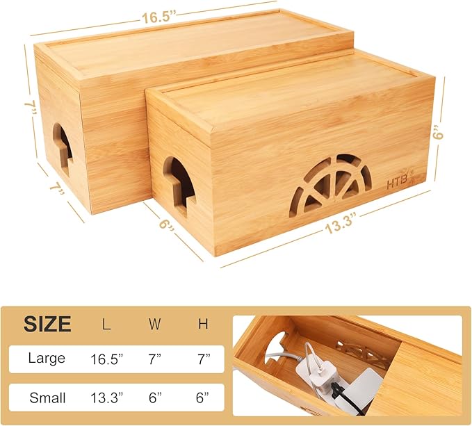 Cable Management Box Set of 2 by HTB, Large & Small Bamboo Cord Organizer Box to Hide Wires & Power Strips | Desk Computer Cable Management Box | Cable Storage | Cord Box Hider for Home & Office